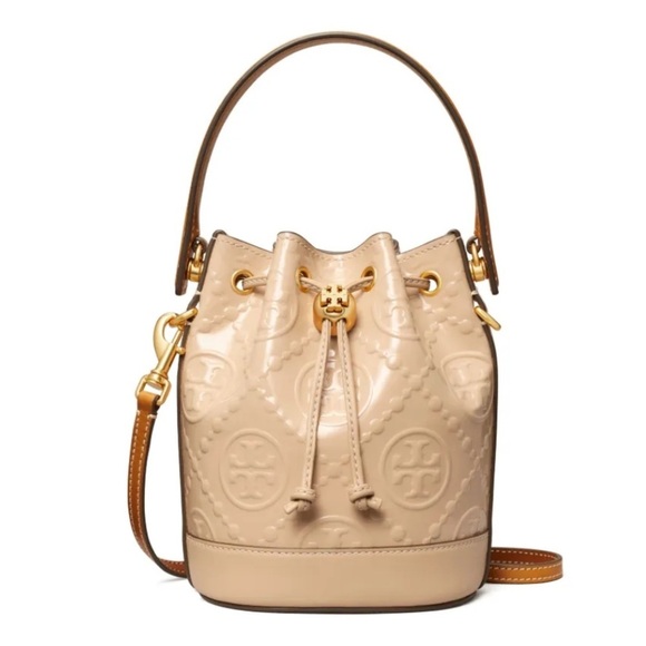 Tory Burch Mini T Monogram Bucket Bag Warm Chai Patent Leather w/Dust Bag - Picture 16 of 16